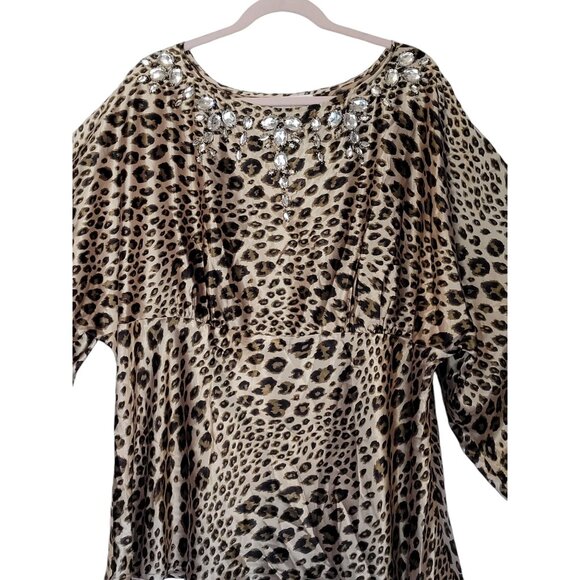 London Star Collection Leopard Print Blouse 2X Polyester Spandex Bejeweled Neckl - Picture 4 of 7